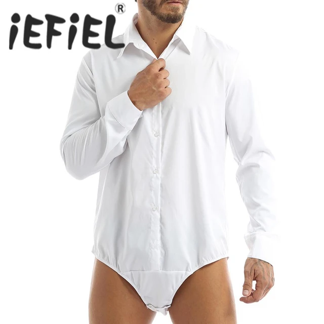 iEFiEL Men Short Sleeve Bodysuit with Turn-down Collar One-Piece Leotard