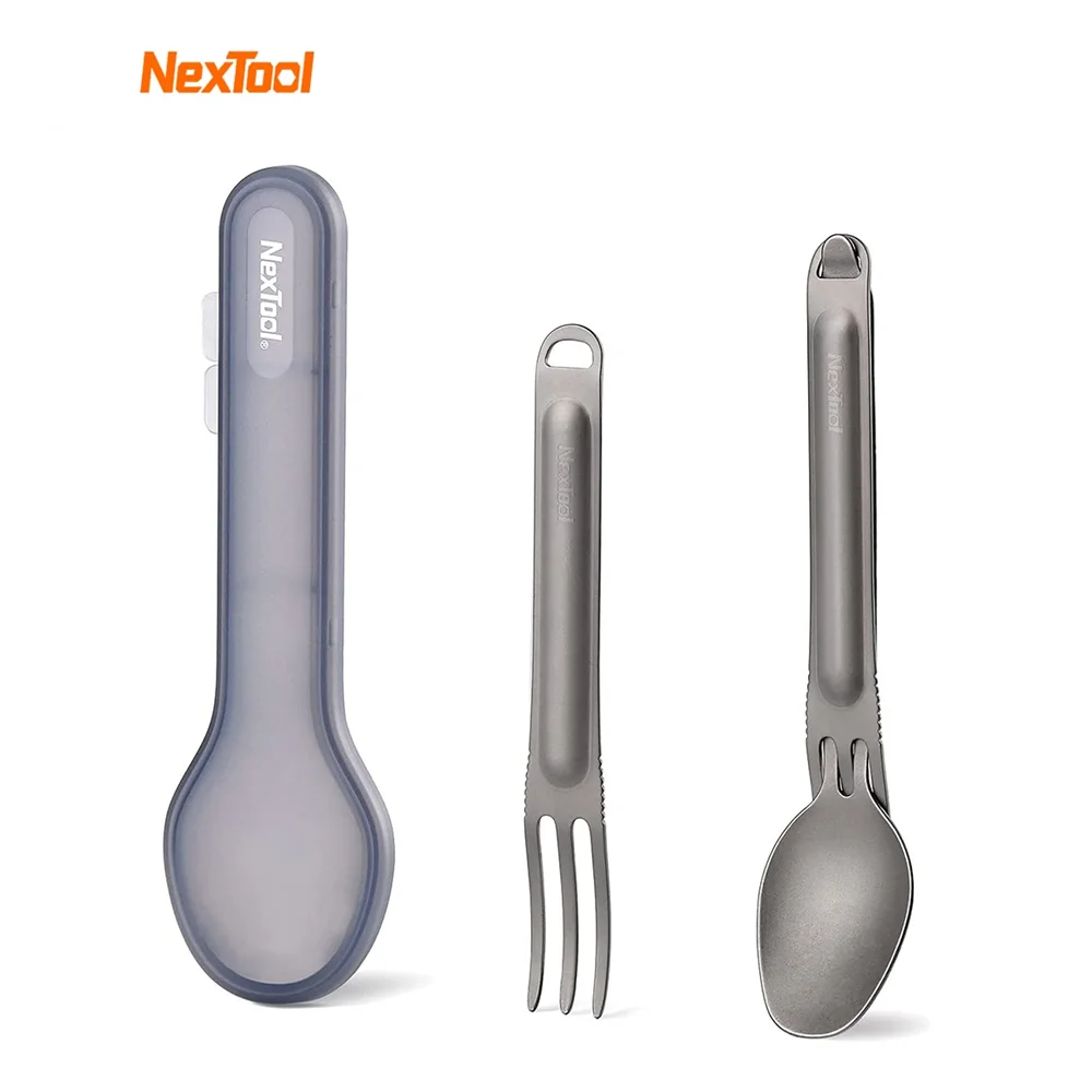 NexTool 야외 순수 티타늄 스포크 포크 스푼, 재사용 가능한 캠핑 식기 케이스, 스테인리스 스틸 휴대용 캠핑 커트레이, 2 인 1 