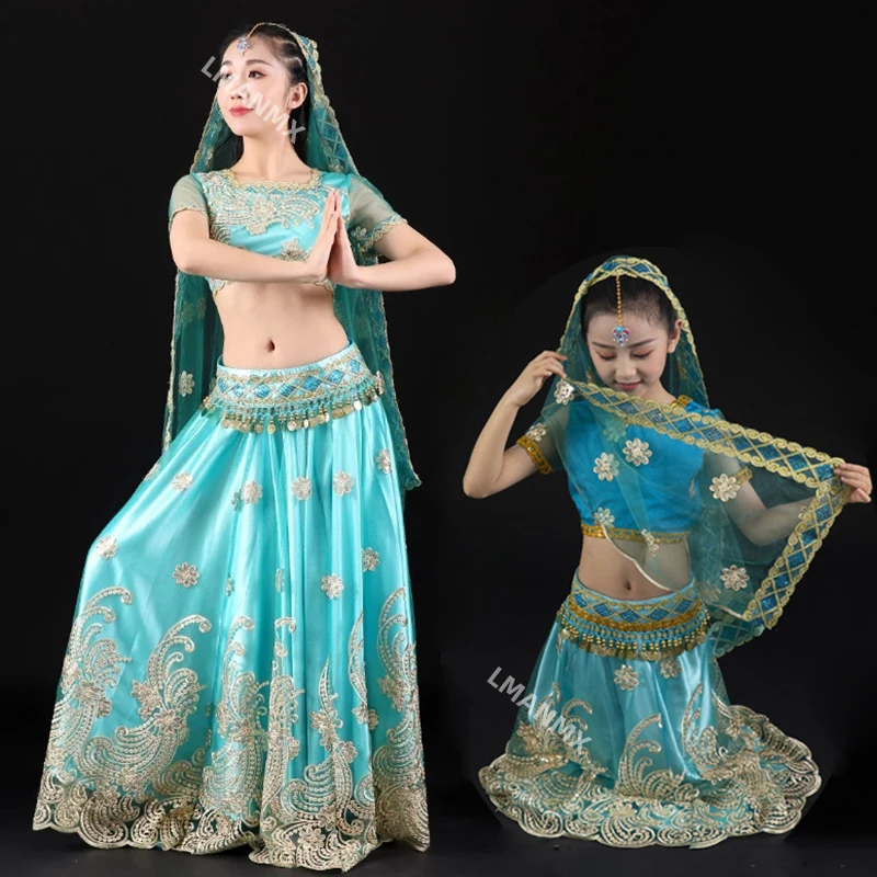 

4 Colors Belly Dance Outfits Indian Dance Embroidered Bollywood Costume Set Long Skirt Top Belt Sari 4pcs Festival Performance