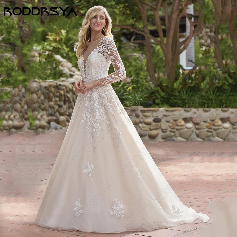 

RODDRSY Civil Wedding Dress Scoop Long Sleeves Boho Bride Gowns Lace Applique V-Neck Backless A-Line Illusion vestido de noiva