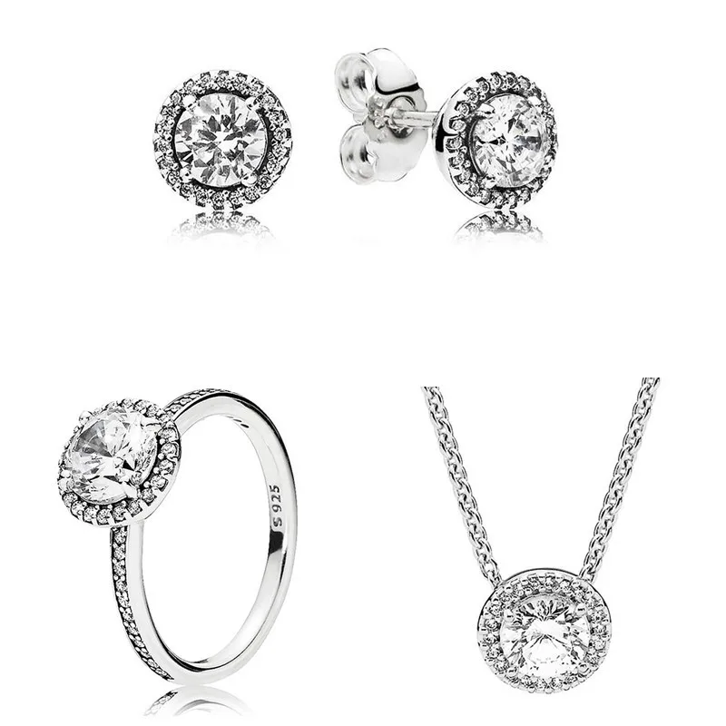 

Original 925 Sterling Silver Classic Elegance Necklace Earring Ring With Crystal For Women Europe Fashion Jewelry