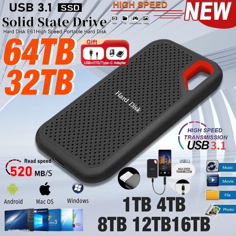 External Hard Drive E61 Portable SSD 1TB 2TB Type-C USB 3.1 for Laptop/Phones/mac