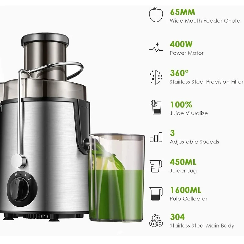 Juice Extractor 400W Ultra Centrifugal  Feed Fruit & Vegetable Juicer Dual Speed Control 304 Stainless Steel Filter Blade 1600ml 3