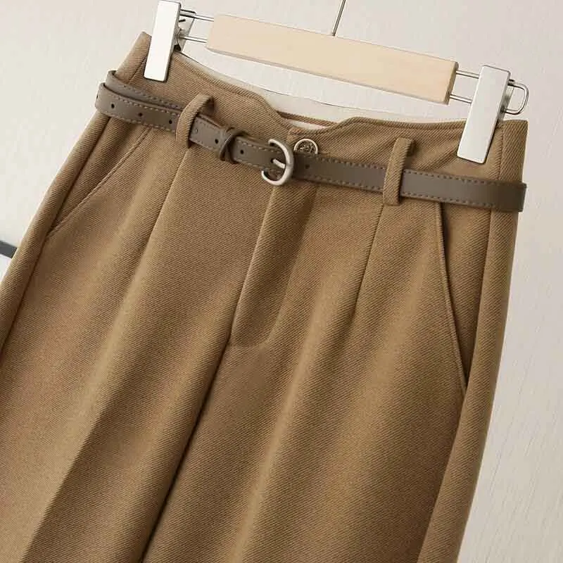 Fall Warm Woolen No Belt Harem Pencil Pants Women High Waist Ankle Length Casual Suit Pants Korean Chic Office Lady Trousers
