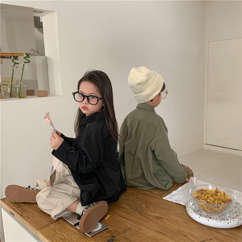 Korean style unique design solid color shirts Unisex Children cotton loose shirt Tops