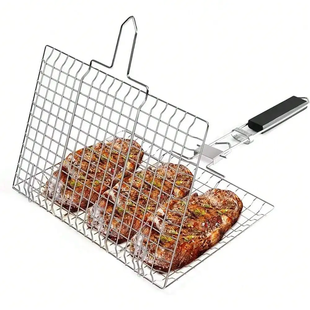 Lot De 3 Pinces à Poisson Barbecue Acier Inoxydable - Poignées Bois - Pliables 62cm - Avec Brosse