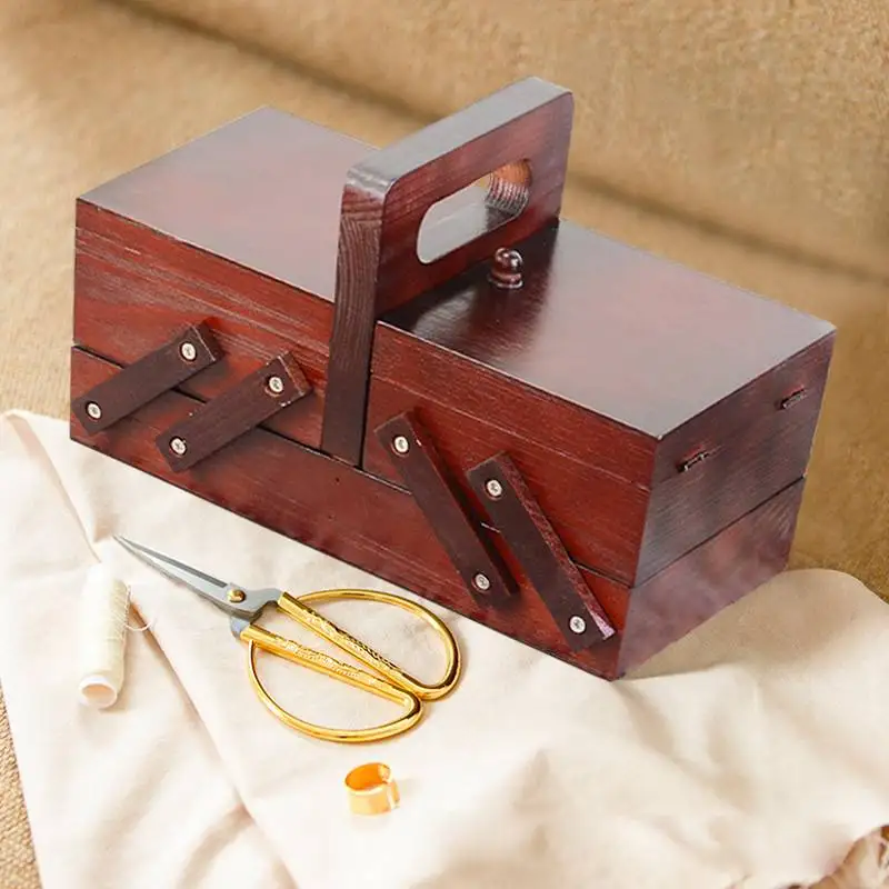 Portable Foldable Wooden Sewing Box Compartments Thread Stitching Sew Basket Organizer Jewelry Boxes Sewing Supplies Household sewing accessories sewing storage box sewing thread box crafts storage box