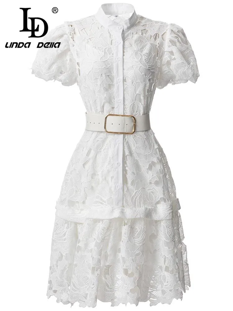 

LD LINDA DELLA 2023 модное подиумное летнее короткое платье для женщин с пышными рукавами, Ажурное белое элегантное мини-платье с вышивкой и поясом