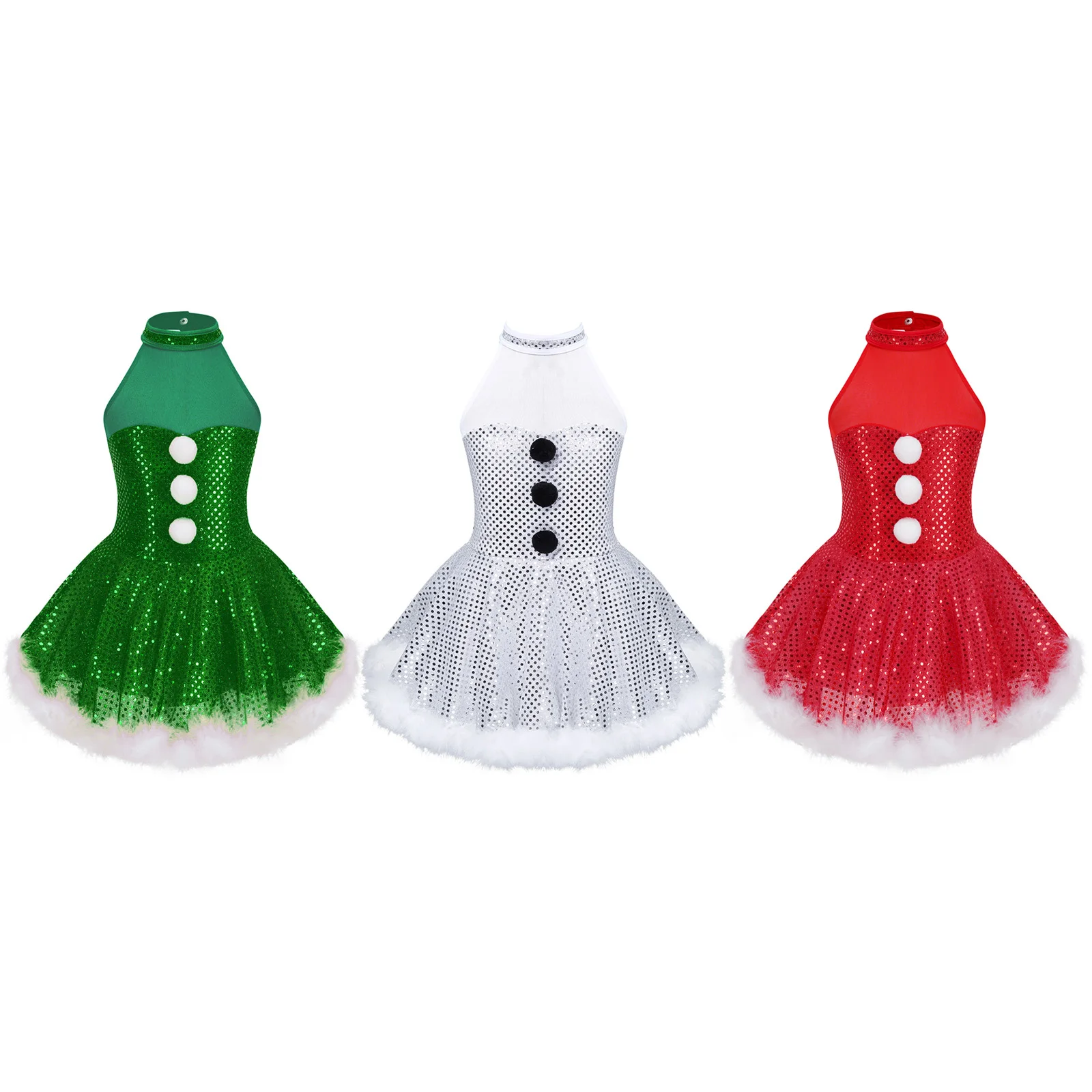 Girls Christmas Snowman Princess Cosplay Dress Costume Mesh Splice Caged Back Shiny Sequins Figure Twirling Party Dress