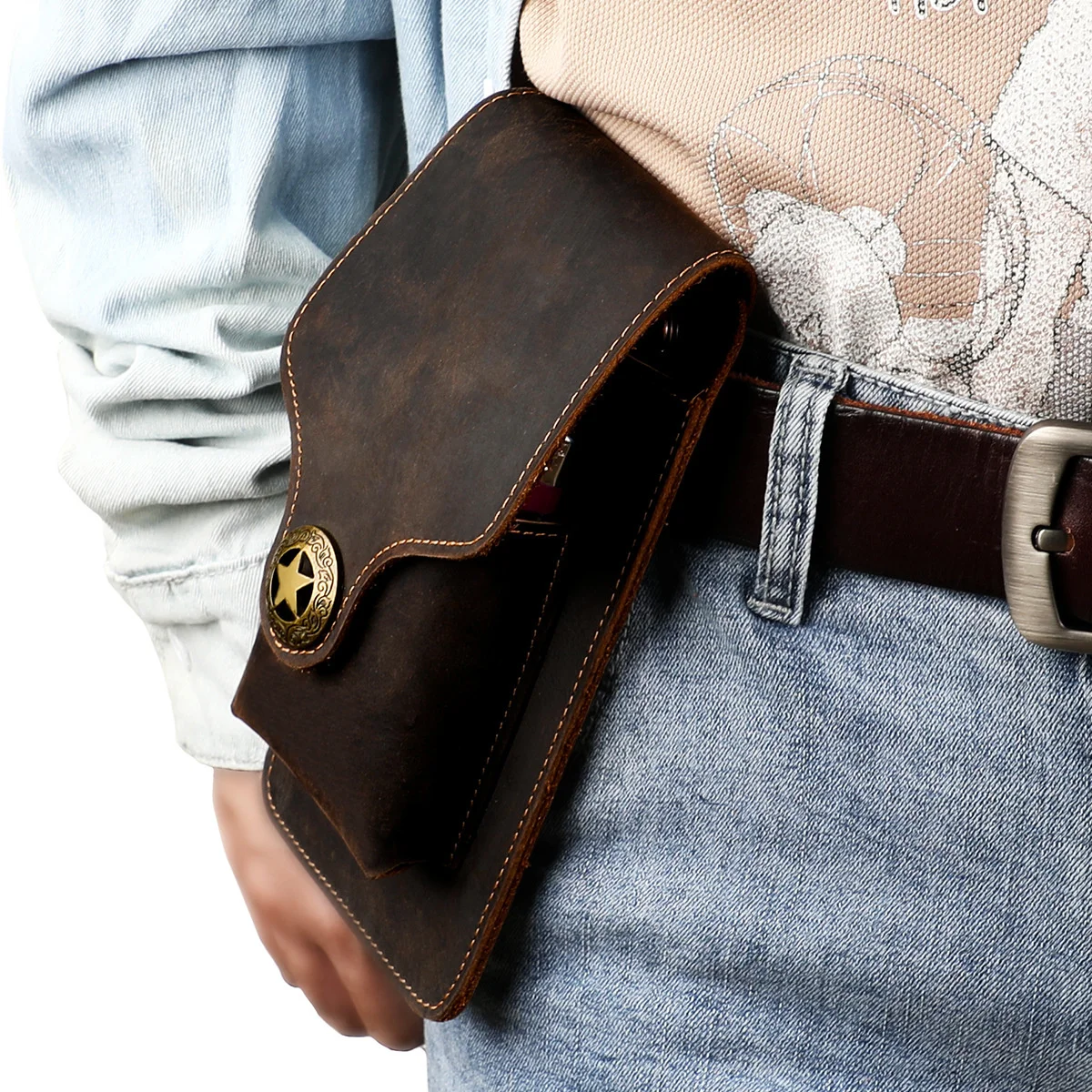 

Crazy Horse Leather Mobile Phone Bag Wearing Belt Waist Bag Leather Men's Bag Outdoor Sports Cigarette Bag New Men's Waist Bag