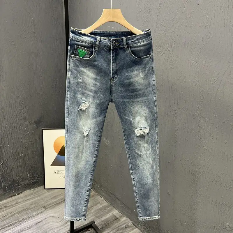 

high quality designer washed Slim Fit Men's Jeans Distressed Holes men's jeans luxury fashion 2024 boyfriend Summer ripped jeans