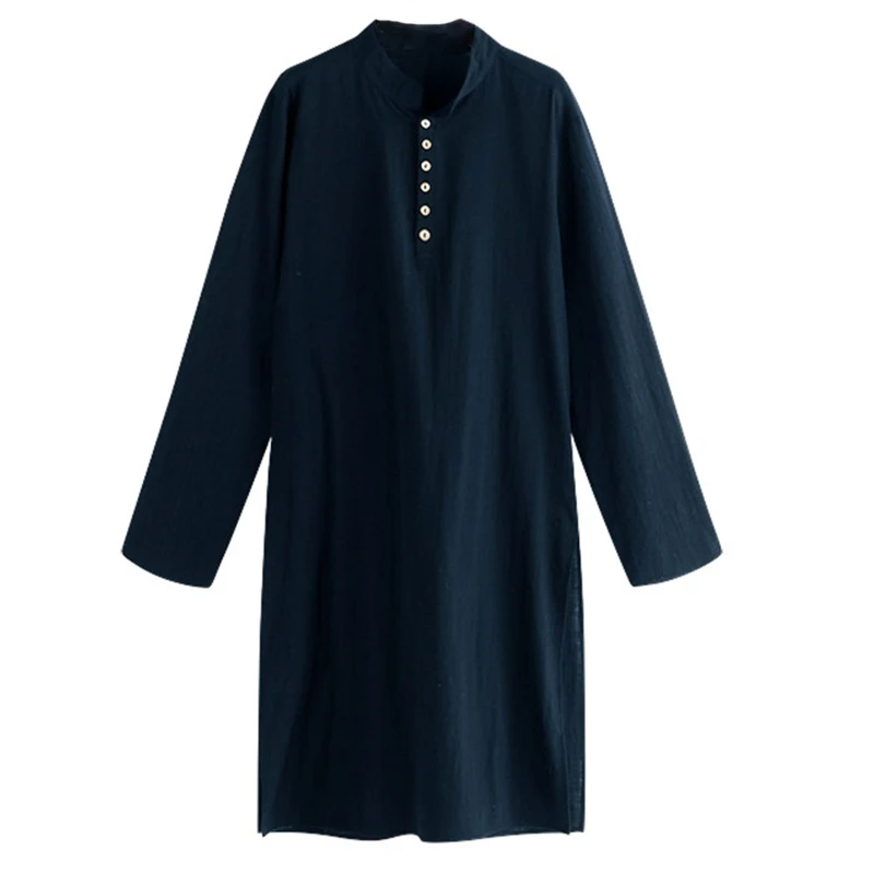 New Men Muslim Kurta T-Shirt Long Sleeve Buttons Stand Collar Kaftan Blouse Robe Top