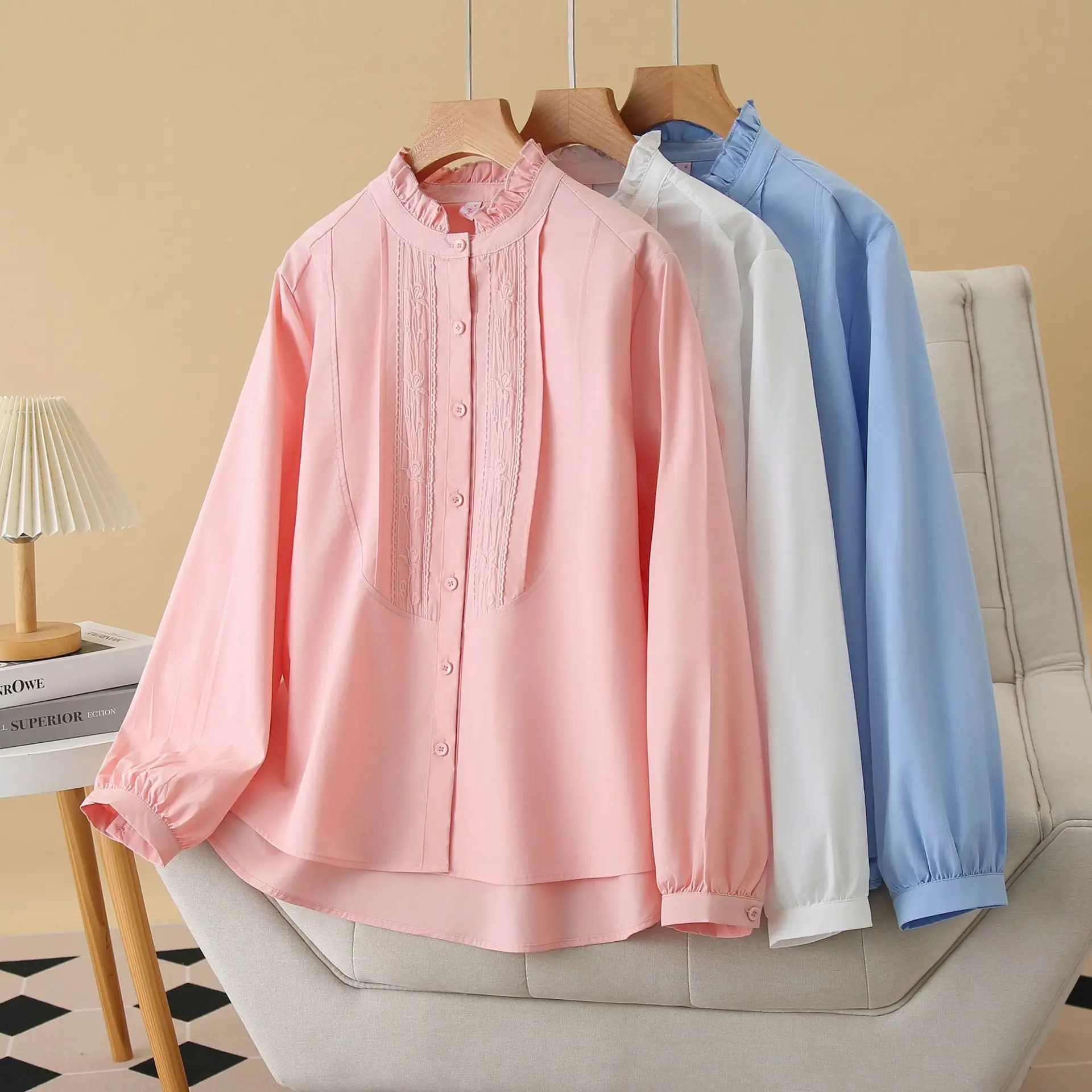 2025 Spring New Plus Size Shirt 100KG Stylish Ruffled Collar Embroidered Long Sleeved Blouses For Women 156