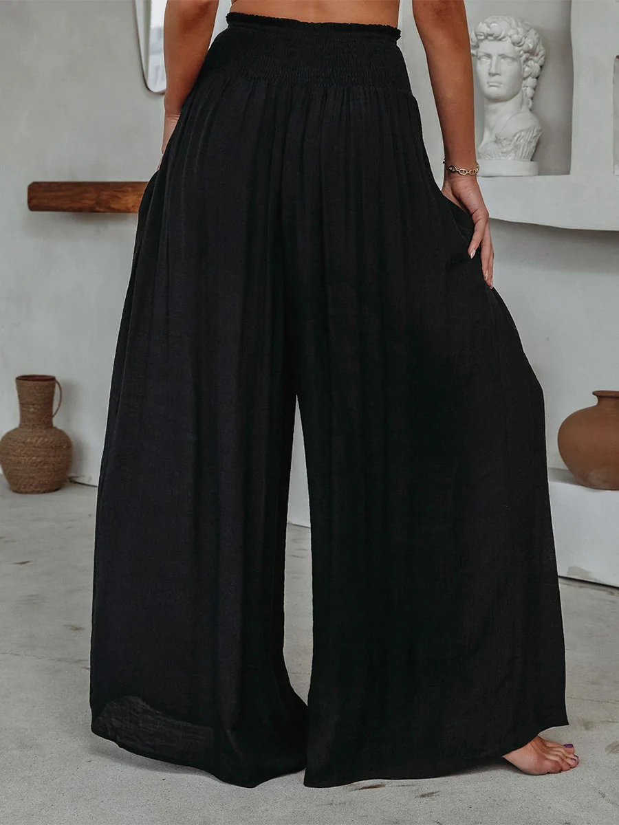 

Loose and Comfortable Women s Solid Color Wide-Leg Pants with Elastic High Waist - Perfect for Yoga Beach and Casual Wear in