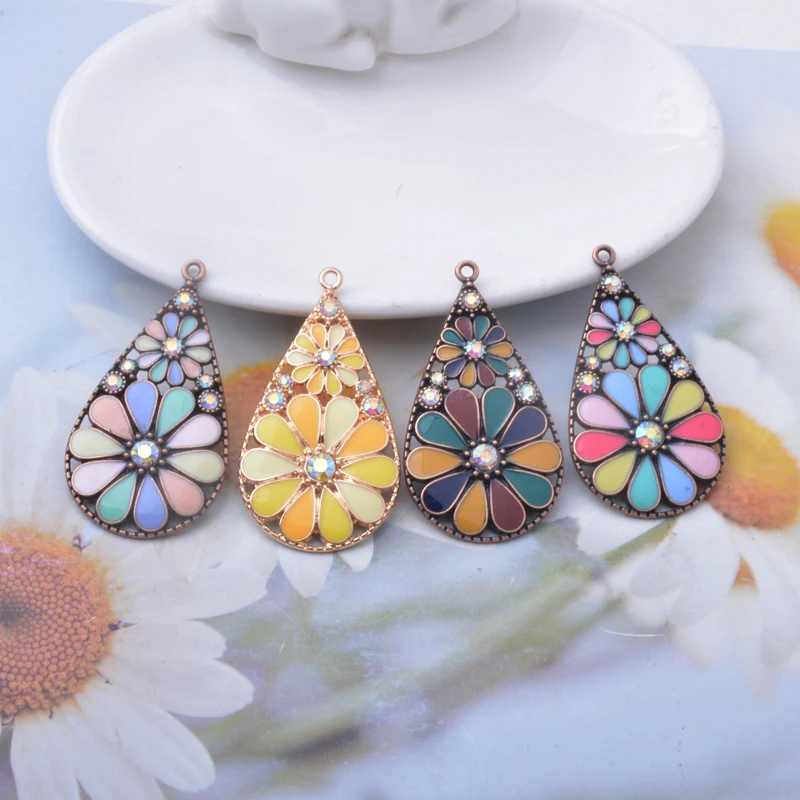10 Stück/Set Böhmischer Stil Legierung Retro Rot Emaillierte Blumen-Wassertropfen-Anhänger Schmuckzubehör Ohrringe Gelbe Sonnenblumen-Charms
