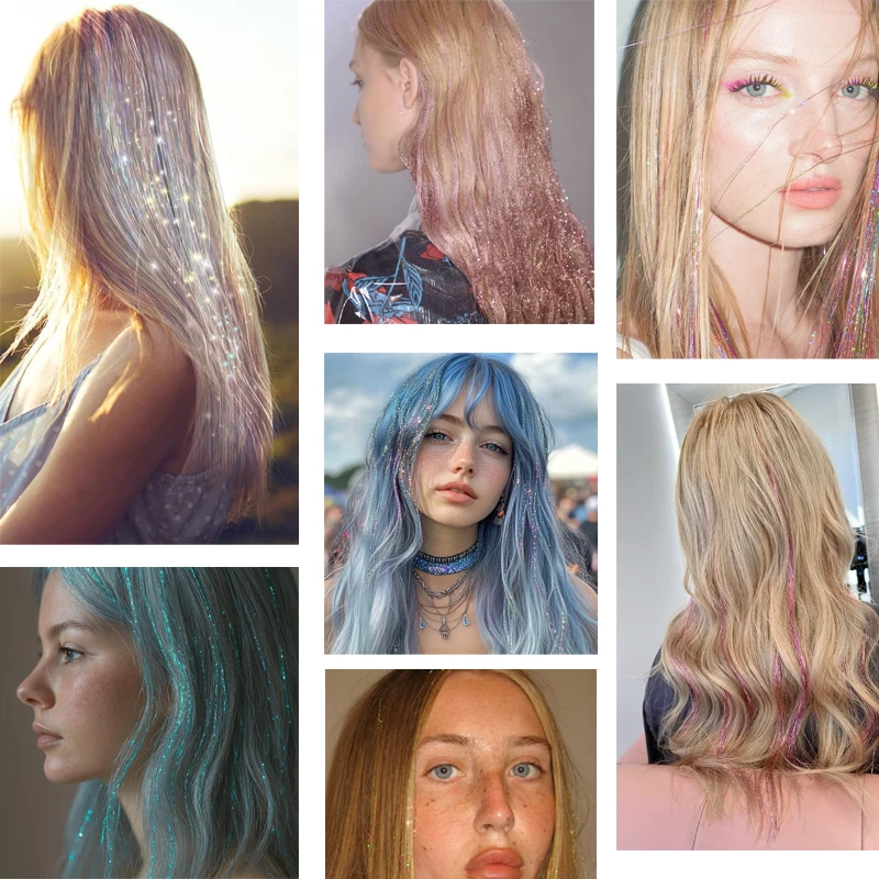 6Pcs 24inch Purple Tinsel Hair Kit Glitter Hair Extension Shiny Colored Hair Tinsel for Women Christmas Party Use Sparkling Hair