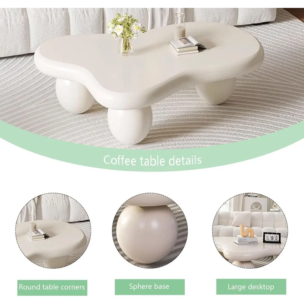 Modern Coffee Table Cloud Shape Low Coffee Table Cartoon Irregular Indoor Tea Table with 3 Ball Leg for Living Room (White, 39.4 3