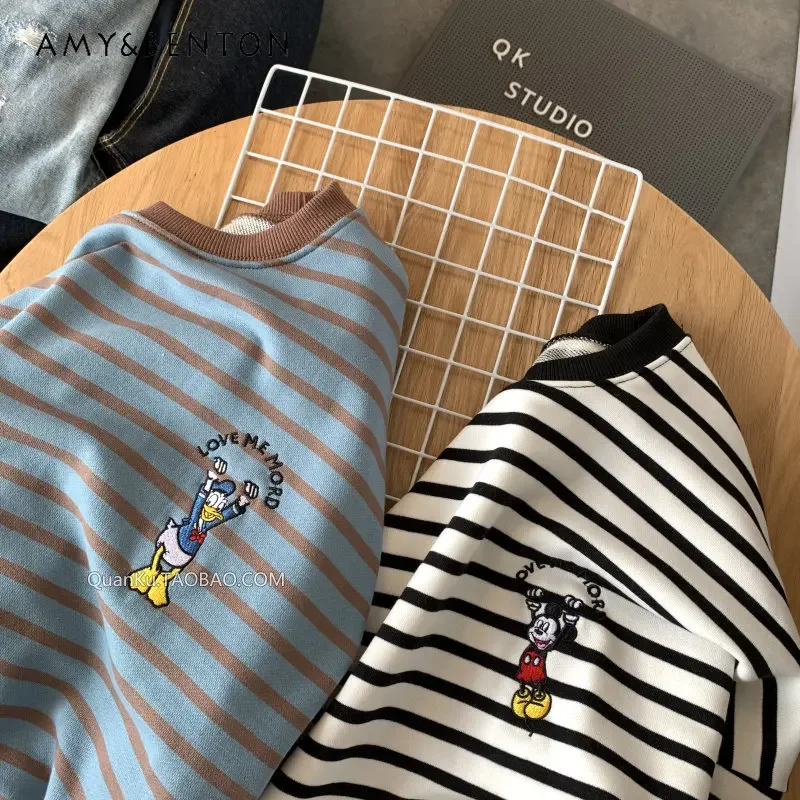 Potdemiel Spring Autumn Thin Loose Oversize Sweatshirts For Ladies Simple Fashionable Embroidered Cotton Striped Pullovers Women