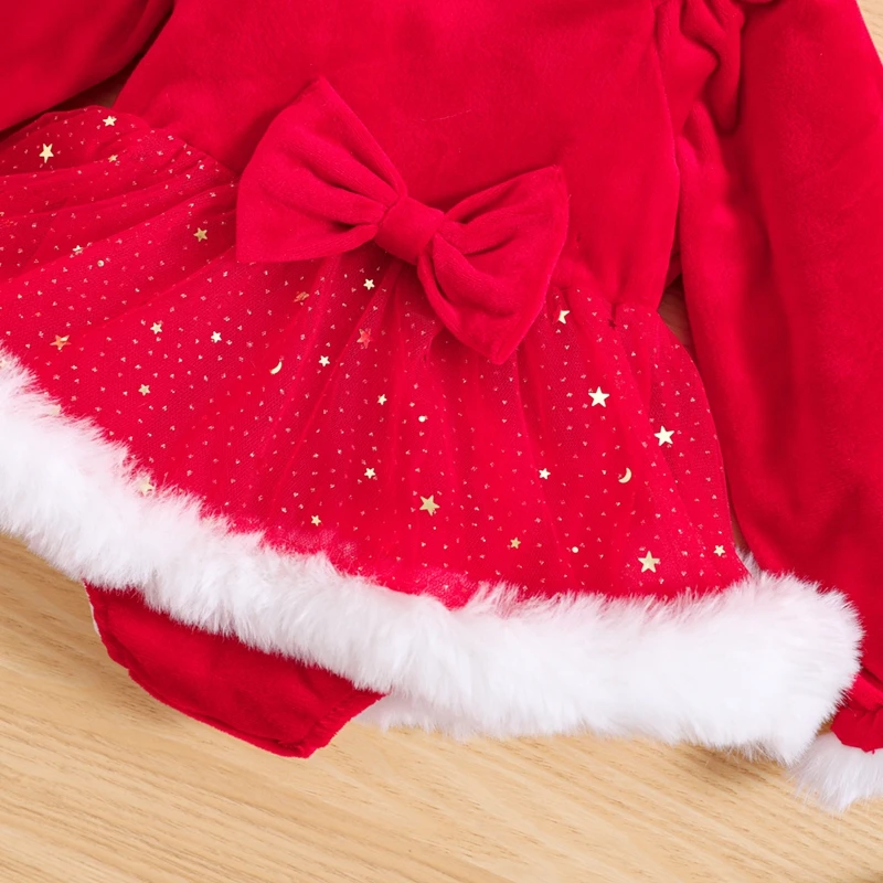 

Newborn Baby Girls Christmas Romper Dress Ruffle Mesh Skirts Bodysuits Velvet Xmas Outfits Winter Clothes