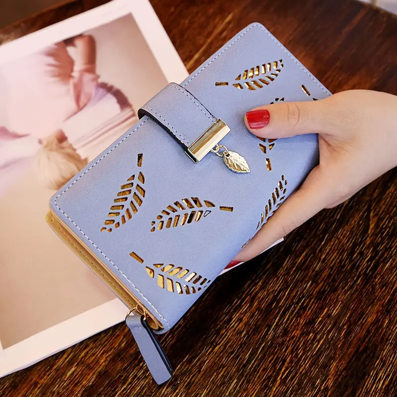 

Fashion PU Leather Wallet Purse Women Long Wallet Gold Hollow Leaves Pouch Handbag For Women Coin Purse Card Holders Clutch