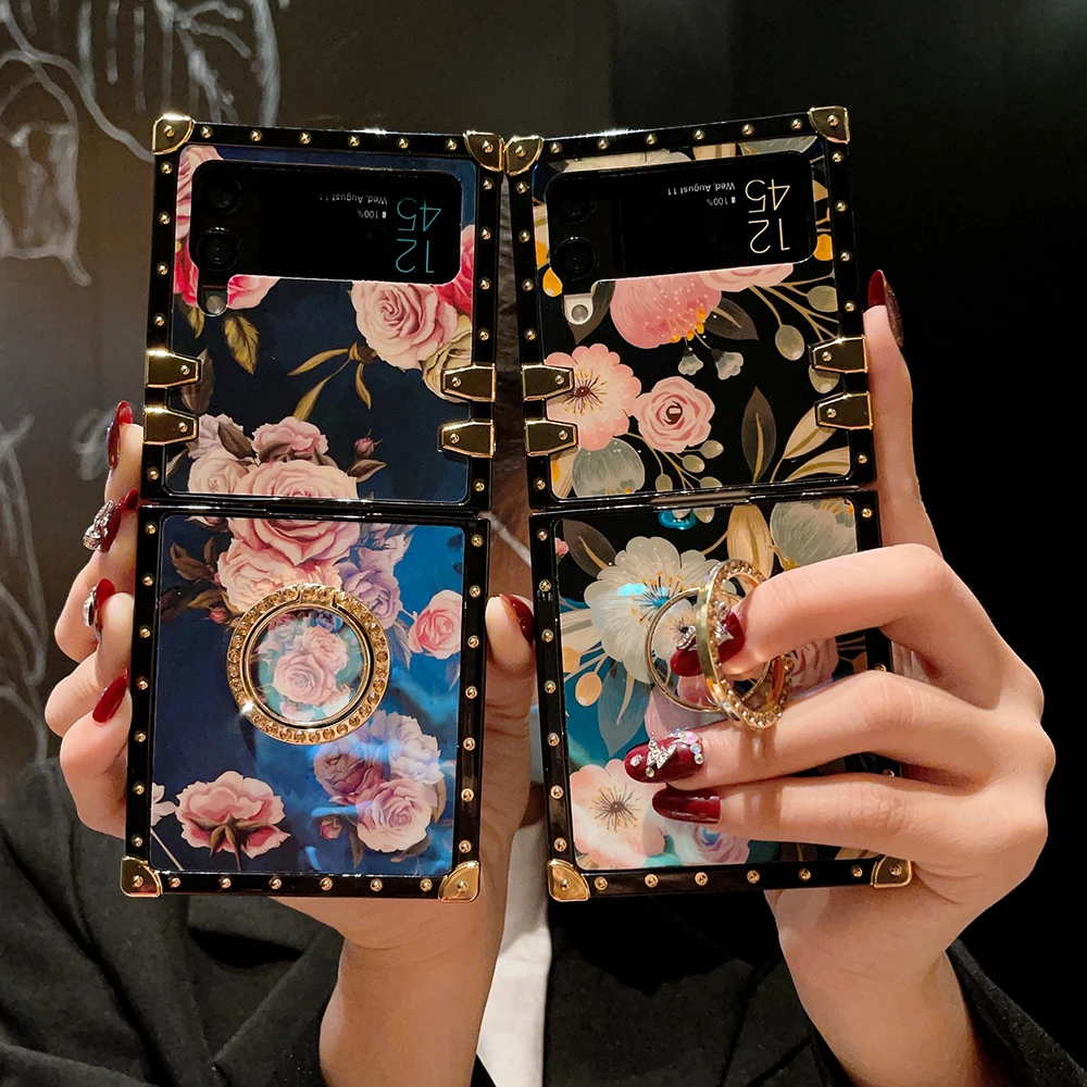 

For Samsung Galaxy Z Flip 4 Case Luxury Blue Ray Flower Square Punk Rivet Shockproof Covers For Galaxy Z Flip 3 Ring Holder
