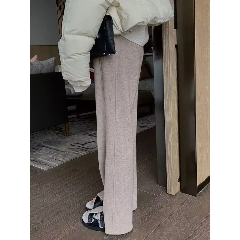Deeptown Woolen Pants for Women Autumn Winter High Waist Wide Leg Trousers Old Money Style Loose Straight Pants Vintage Fashion