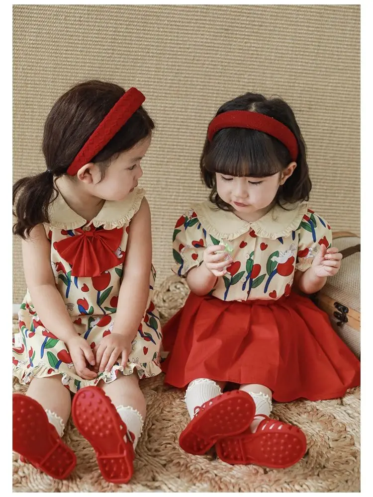 

Year of The Rabbit Baby Girl Clothes Set Bow Summer Dress Sleeveless Cotton Clothes Set Lapel Shirt Cute Top + Short 2-piece Set