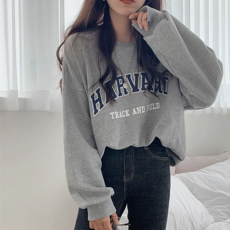 

Letter Printing Sweatshirt Women Gray Loose Crewneck Pullover Long Sleeve Casual Girls Preppy Style Autumn Sweatshirts Vintage