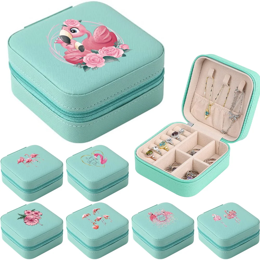 

Portable Jewelry Box Jewelry Organizer Display Travel Jewelry Case Flamingo Pattern Boxes Leather Storage Ring Necklace Jewelers