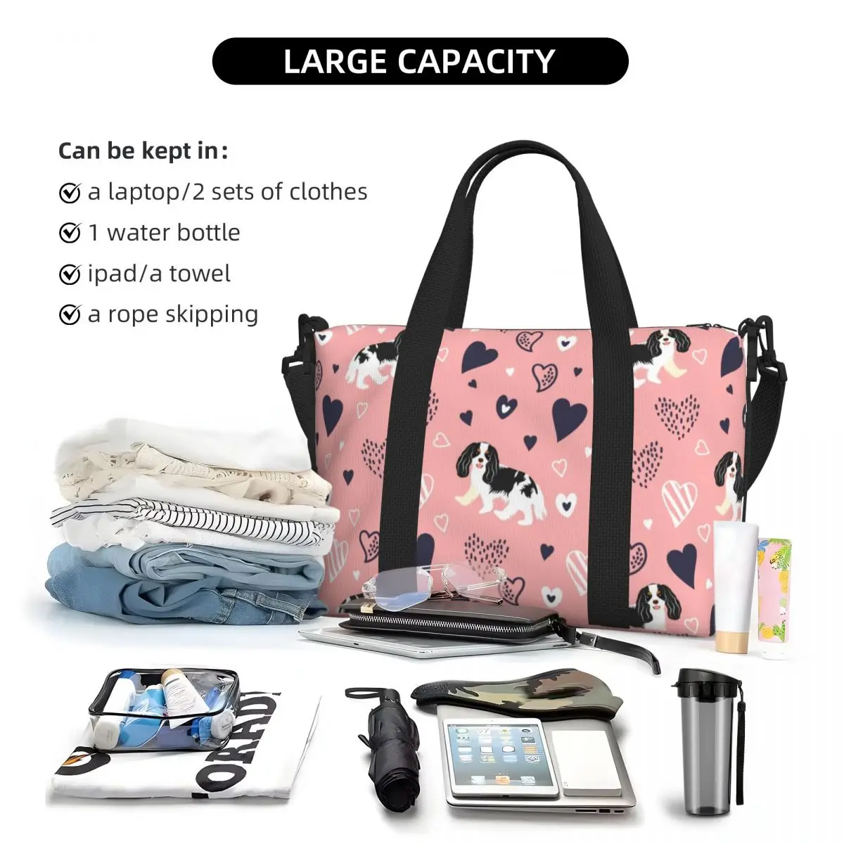 Custom Cavalier King Charles Spaniel Tote Bag Women Large Capacity Cartoon Dog Gym Beach Shoulder Travel Bag 5