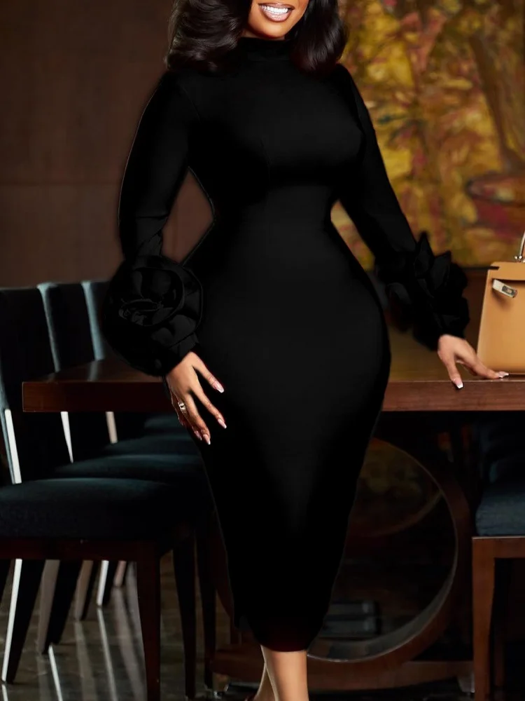 Wmstar Dress Women Wholesale Semi High Neck Elegant Form Fitting OL Tunle Long Sleeved Three Dimensional Flower Export 2025