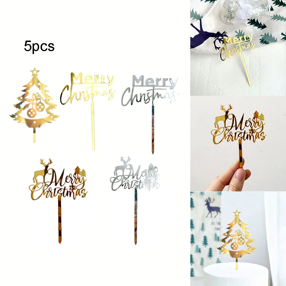 

5pcs Acrylic Cake Insert Double-Sided Mirror Cake Card Baking Decoration Merry Christmas Cake Card Cake Topper Golden Silver