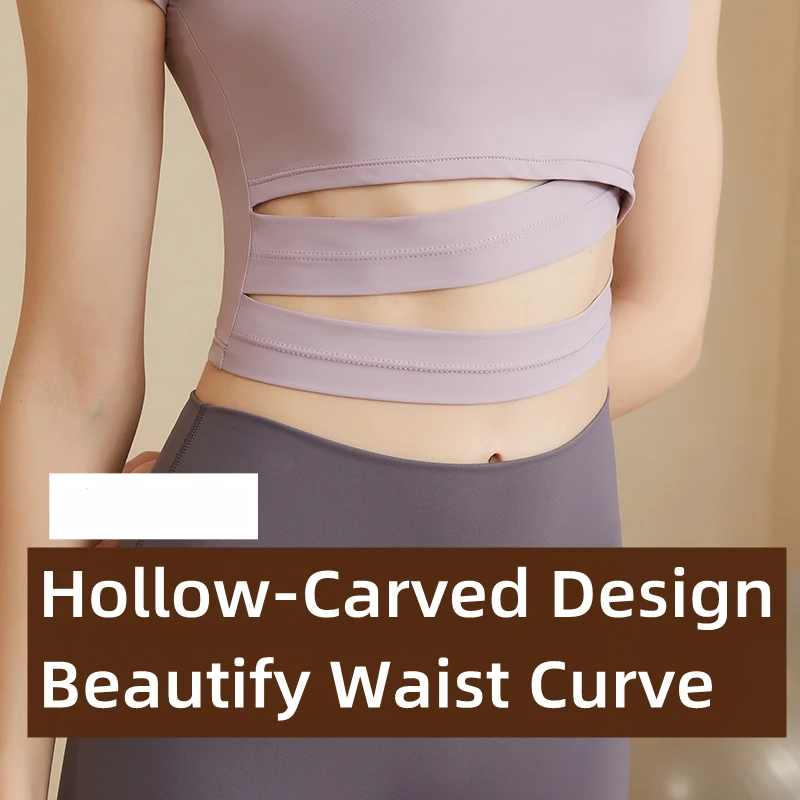 Women Sports Short Sleeve Waist Hollow Breathable Slim Crop Tops Quick Dry Running T Shirt Yoga Tees Fitness Gym Workout Shirts