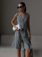 Wolfeel Summer Womem Chic Vest Shorts Suit Two-Piece Set Office Ladies Chic 2 Piece Sets Womens Outfits - Image 4
