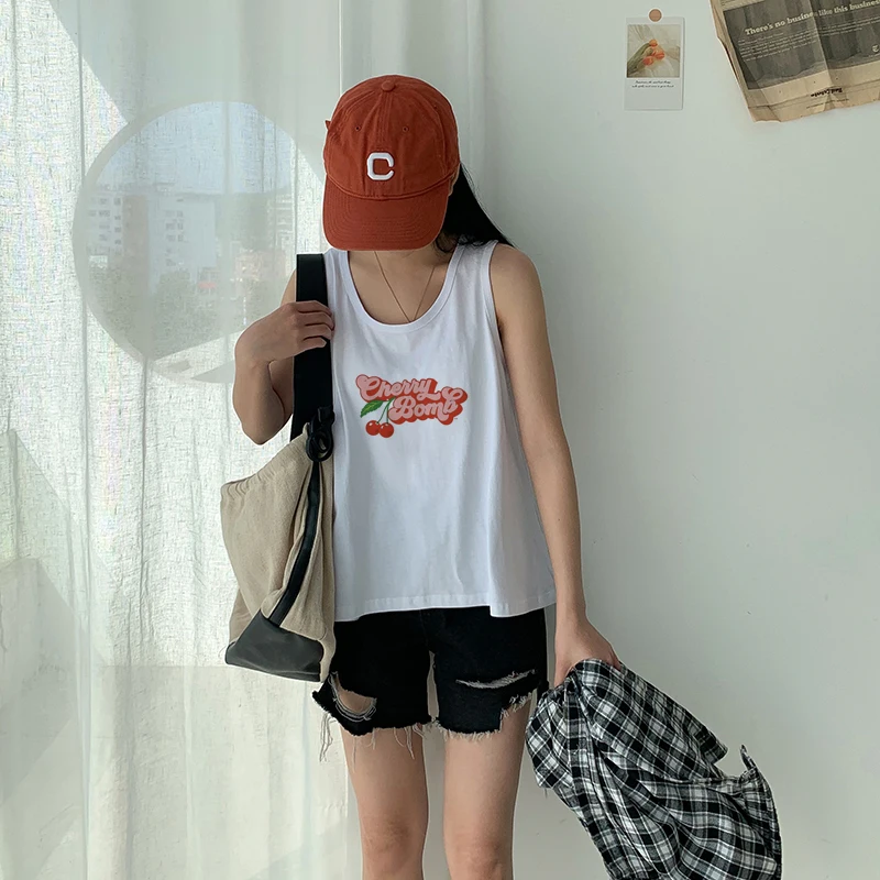 Short-sleeved T-shirt Women Summer cherry letter print short-sleeved top Spice Girls wearing crop short slim-fit street style