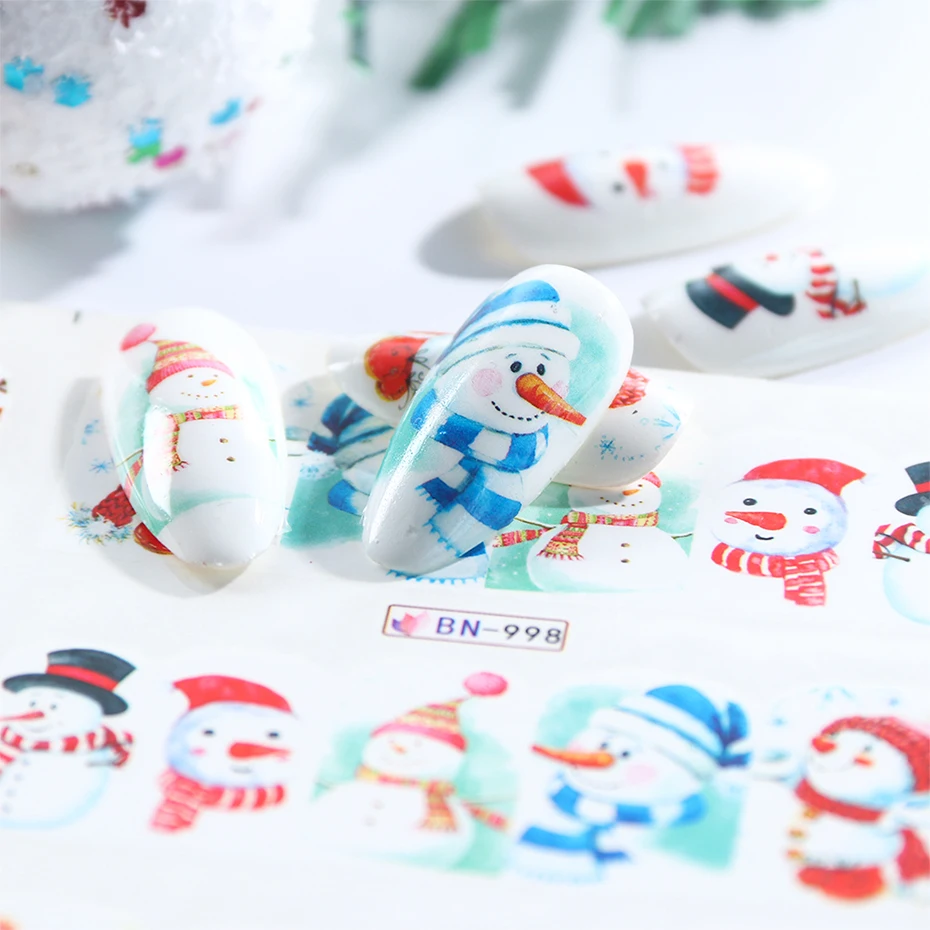 12pcs Christmas Nail Sticker Santa Claus Elk Snowman Gift Water Transfer Slider Full Wrap Xmas Cartoon Winter Decal SABN/A-1