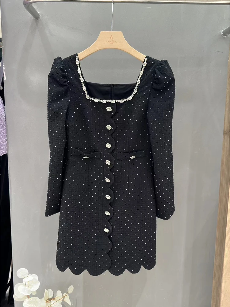 

HIGH STREET Newest Fashion Summer 2024 Women's Diamonds Beading Square Neck Bubble Long Sleeve Dress