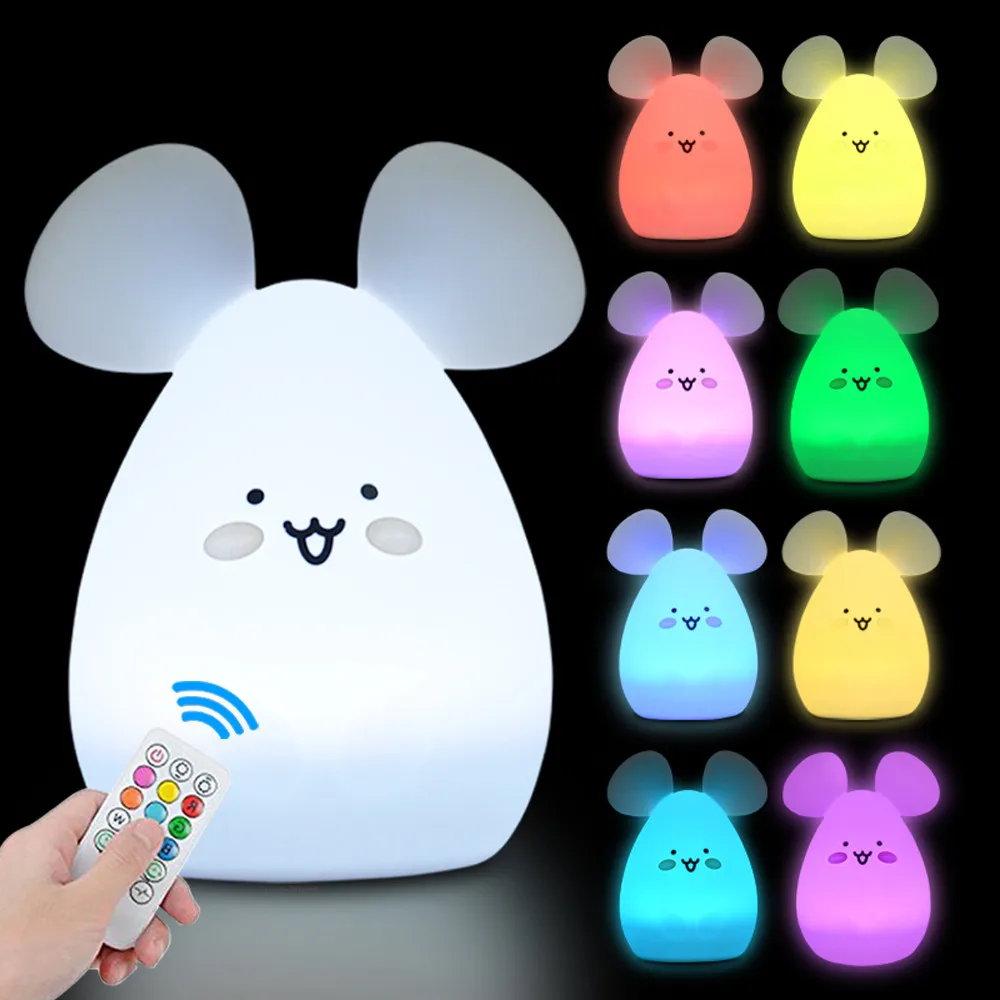 Touch Sensor Rabbit Night Light Remote Control 9 Colors LED Dimmable Timing Rechargeable Silicone Animal Lamp for Kids Baby Gift
