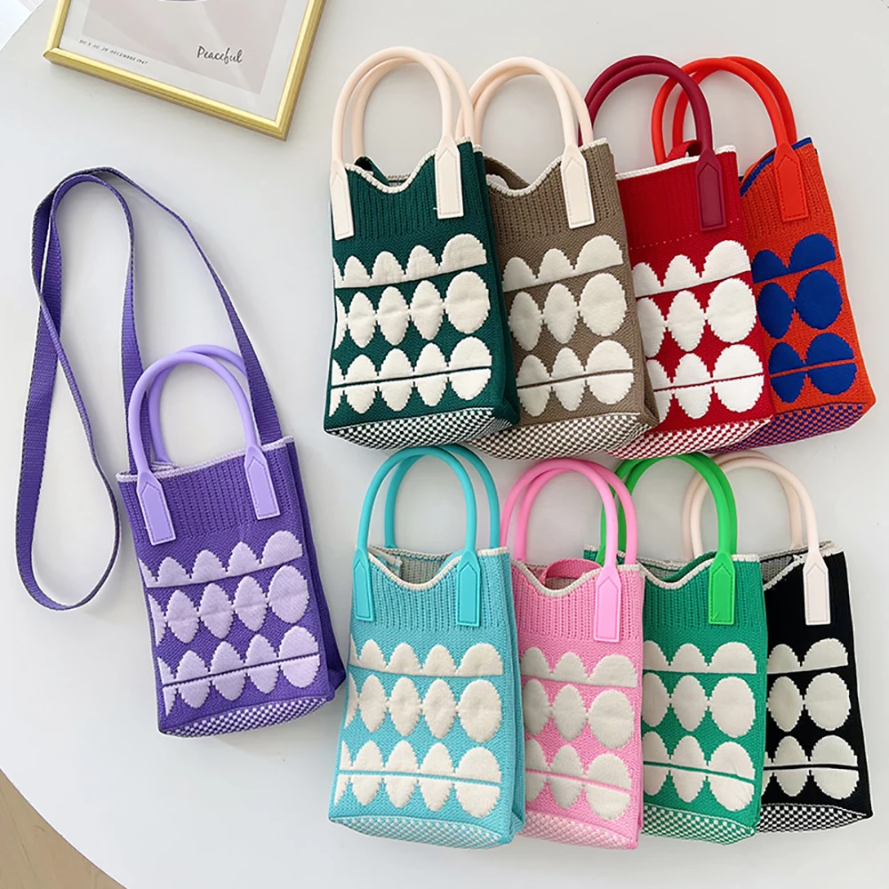 

Handmade Knit Handbag Women Mini Shoulder Bag Female Casual Color Wide Stripe Plaid Tote Bag Student Cell Phone Package 2023 New