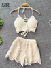 SINGREINY Knit Two Piece Sets Women Summer Vacation Backless Camisole Elastic Waist Shorts Hollow Out Y2K Beach Style Suits 1