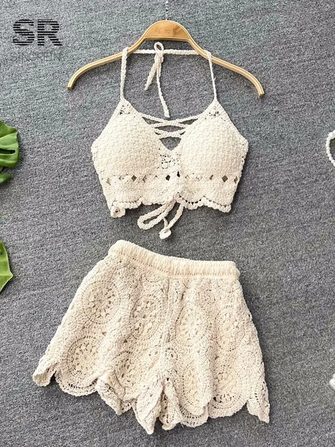 SINGREINY Knit Two Piece Sets Women Summer Vacation Backless Camisole Elastic Waist Shorts Hollow Out Y2K Beach Style Suits 1