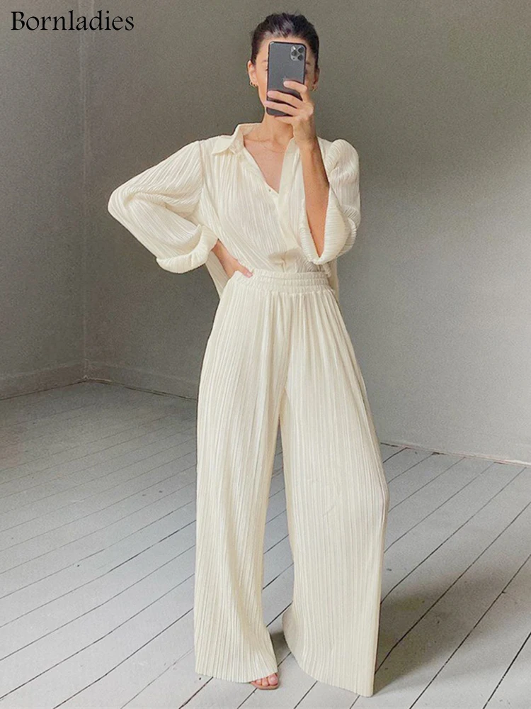 Bornladies Pleated Wide Leg Pants Sets 
