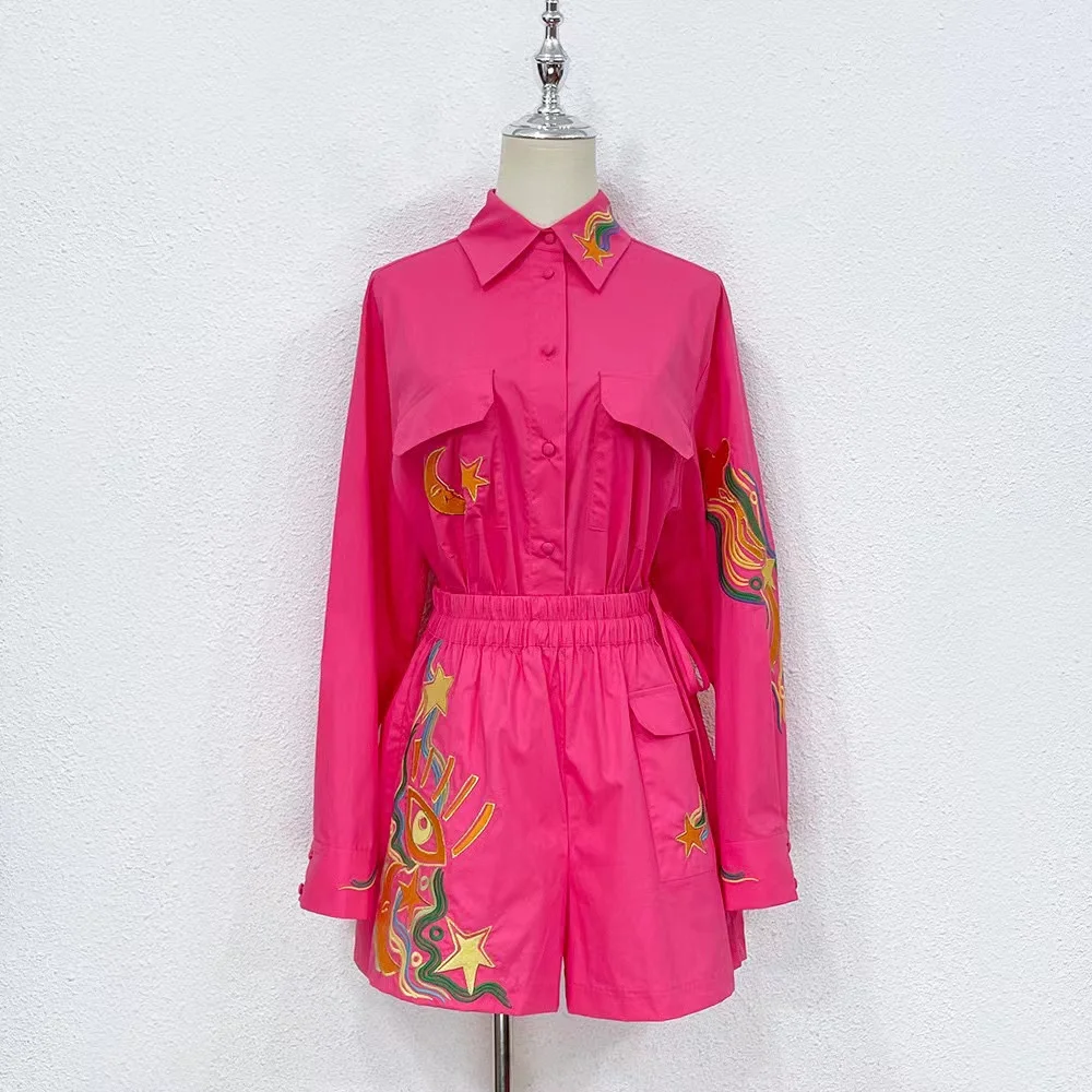 

High Quality 2023 Summer Women Fashion Runway Shorts Set Long Sleeves Loose Shirts + Waist Elastic Mini Shorts Embroidery Suits