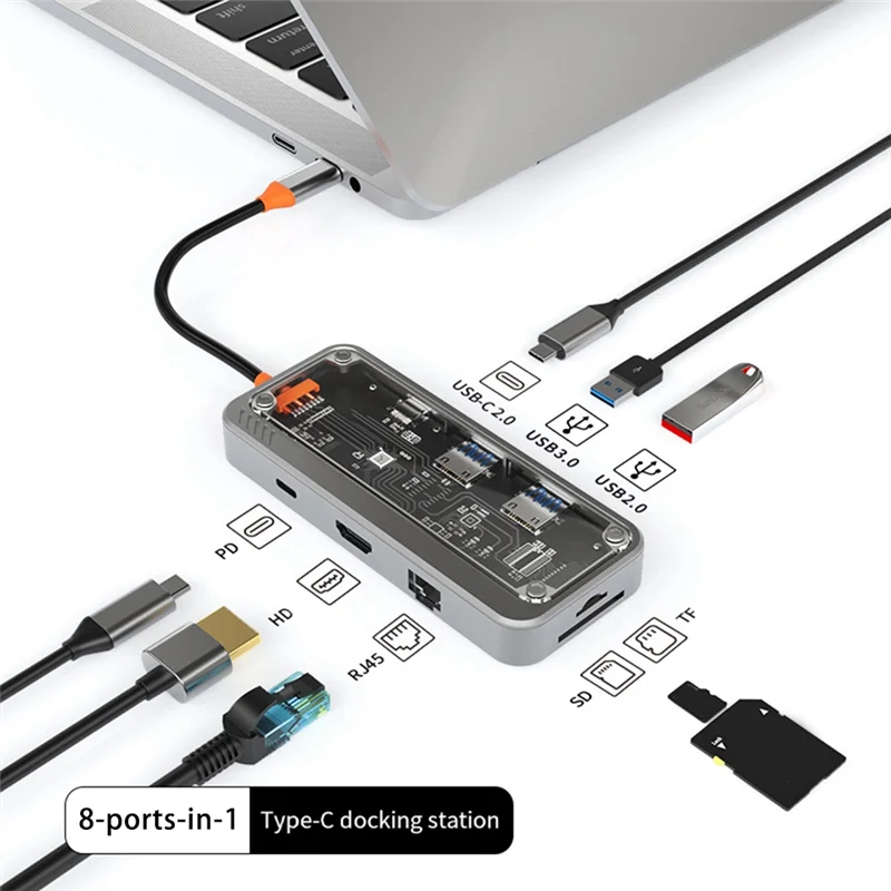 USB C Hub 8-In-1 Type-C 3.1 To 4K Adapter 5GB RJ45 SD/TF Card Reader Hub Dark Sky Gray & Transparent USB 3.0 100W PD For Laptops