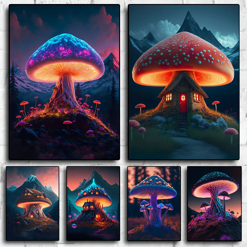 

Magic Mushrooms Poster Mushroom house dream Canvas printing Wall art decoration Hanging painting For Home library Art decoration