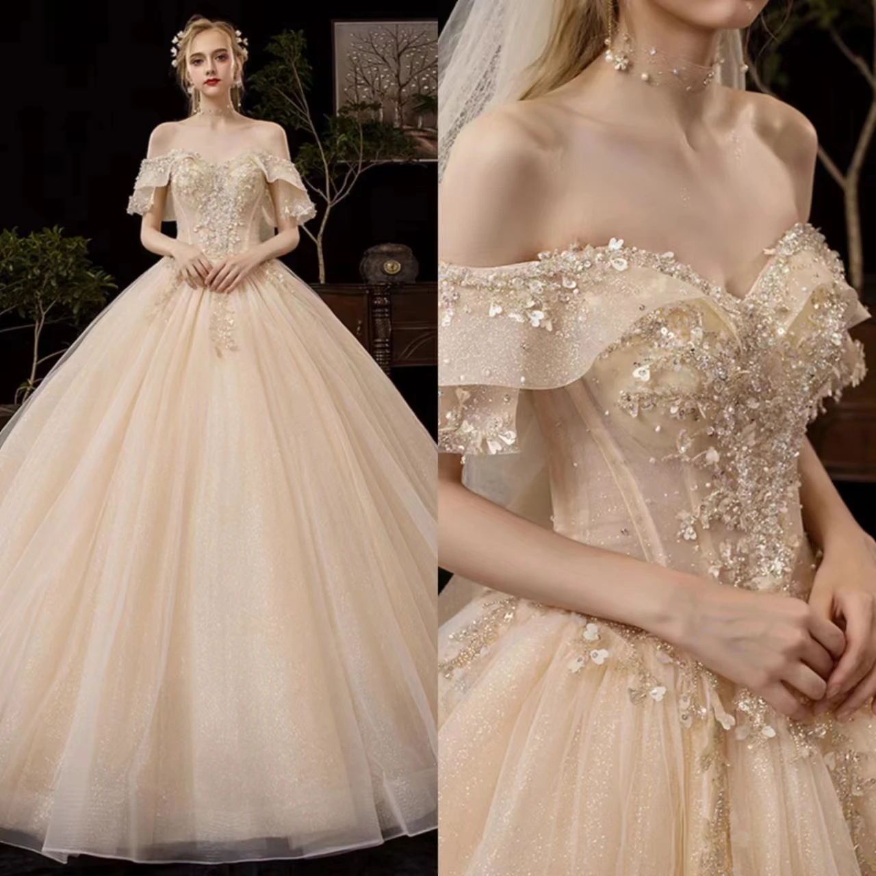 

Delicate A-Line Wedding Dress For Women Sequins Bridal Gown Off-Shoulder Sweetheart Neck Skirt Sweep Train Dresses Custom Made