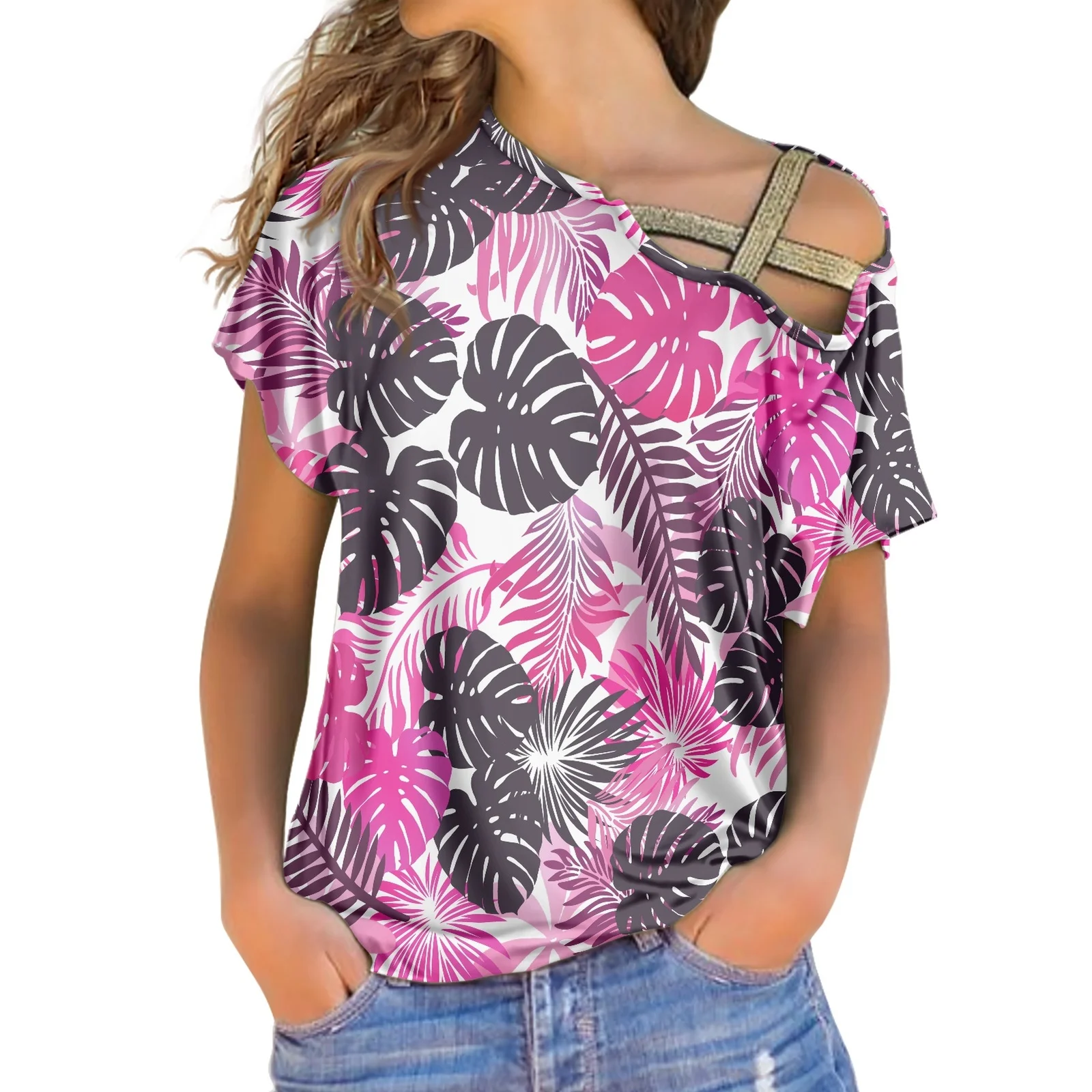 

Women's Loose Breathable Sexy T-Shirt New Design Hawaii Polynesian Summer Palm Leaves Print With Slant Shoulder Short Sleeve Top