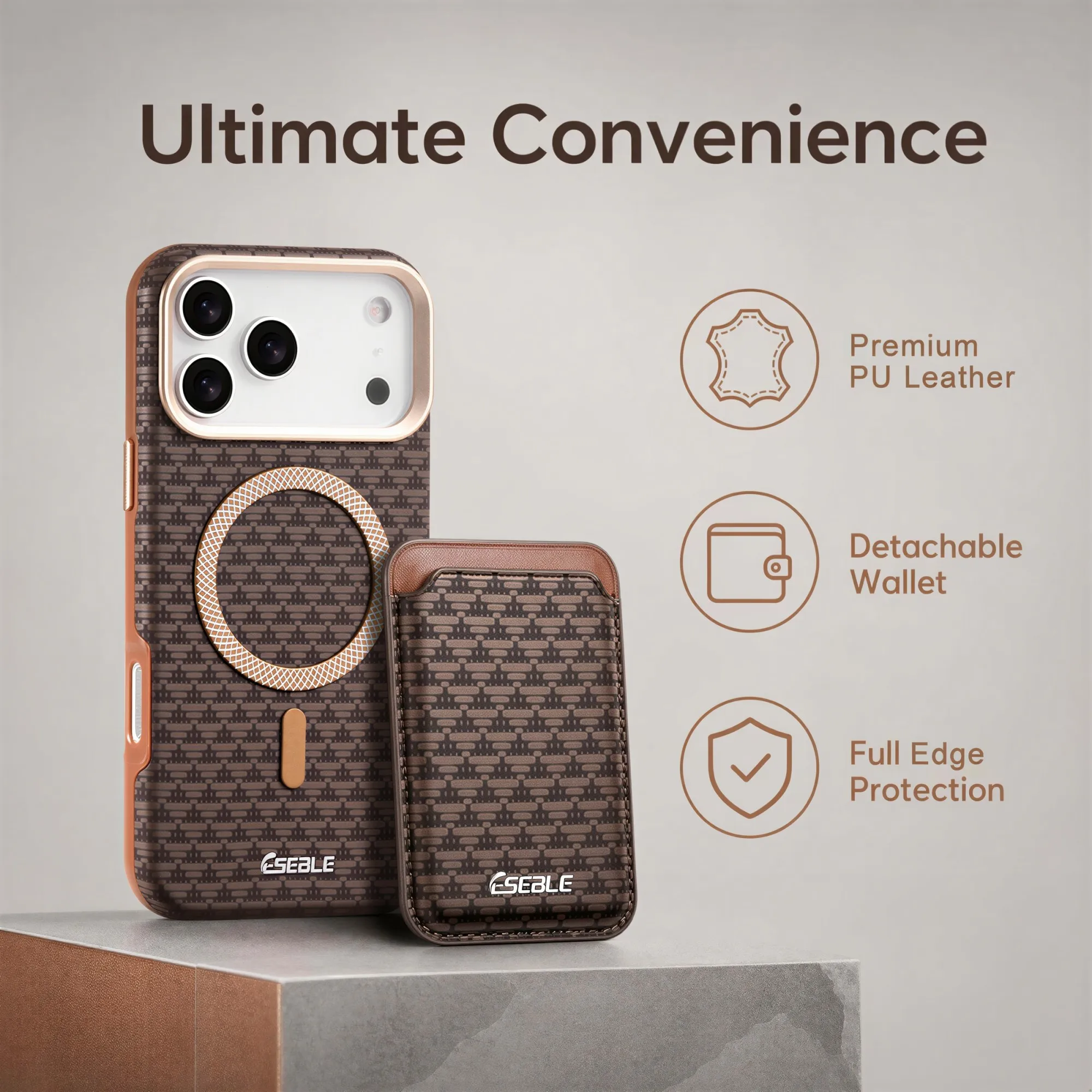 ESEBLE Luxury Vintage Woven PU Leather Phone Case with Detachable Magnetic Card Holder