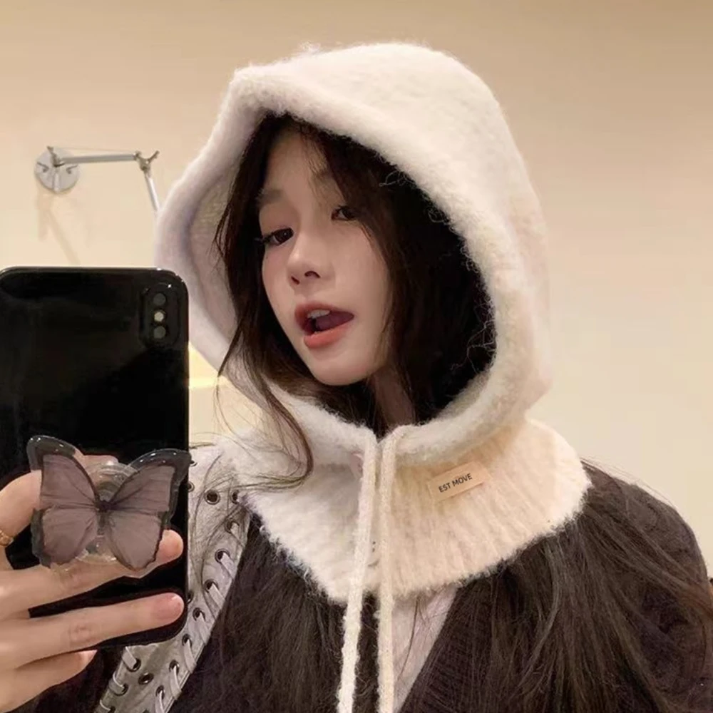 Fashion Knitted Wool Yarn Women Hat Autumn Winter Warm Balaclava Hats Scarf Ear-protecting Lace-up Head Cap Outfits Accessories