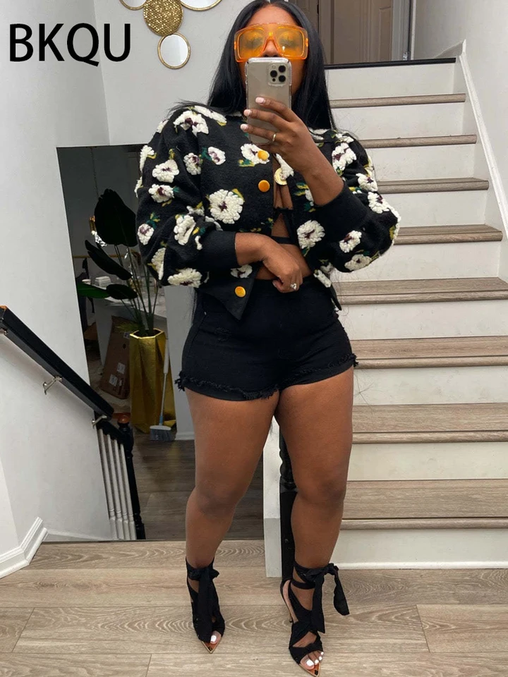 BKQU 2023 Autumn Cropped Jacket Coats Women Y2K 3D Flower